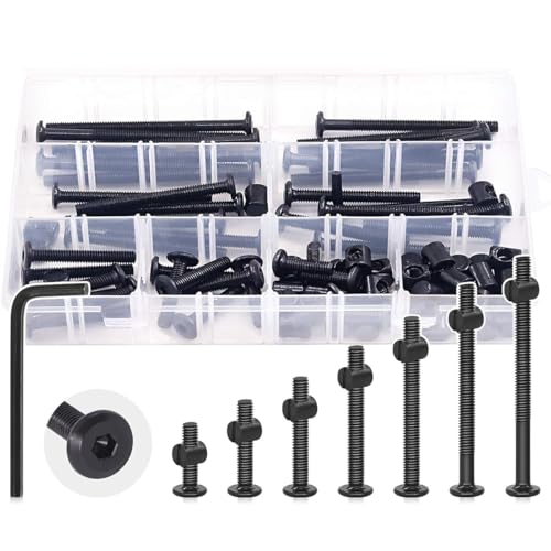 JOEJNCED 141Pcs Crib Hardware Screws, M6 Black Socket Cap Screws Bolts Bucket Nuts Hardware Assortment Set For Furniture Crib Bolts Nuts Screws Chairs Table Cabinets