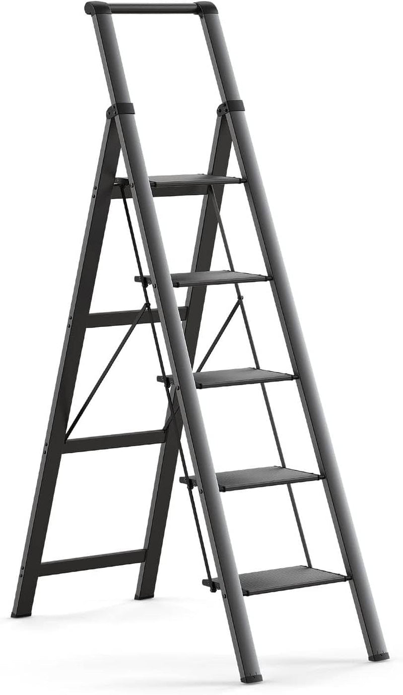 Step Ladder Folding Step Stool, Heavy Duty 330 Lbs Load Stepladder, Small Kitchen/Closet Ladder for Adults/Kids, Lightweight Step Ladder with Anti-Slip Wide Pedal for Home, Black (4 Step) - 5 Step