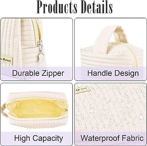 Small Makeup Bag, PU Striped Leather Cosmetic Bag, Portable Travel Makeup Pouch,Waterproof Cosmetic Pouch with Handle,Cute Makeup Bags for Women and Girls (Blue)
