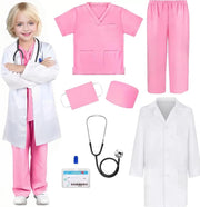 Doctor Costume Set for Kids 3-12Year Olds, Lab Coat for Kids 7pcs Scientist Cosplay Doctor Costume Set for Girls Boys - Pink