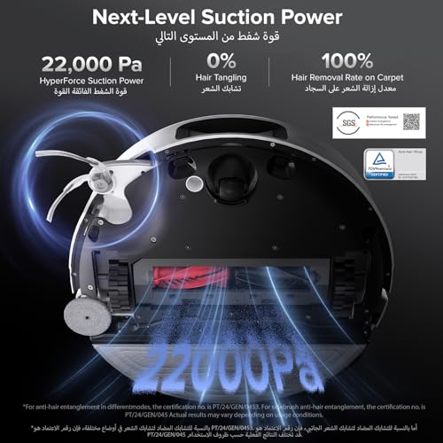 Roborock Saros 10 Robot Vacuum and Mop, 22,000Pa Suction, 3.14-inch Ultra Thin, Auto Detachable Mop, AI Obstacle Avoidance, Hot Water Mop & Dock Self Cleaning, Pet Friendly