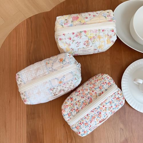 Sminra Floral Makeup Bag Large Cotton Quilted Cosmetic Makeup Bag Organizer, Aesthetic Portable Pouch Purse Toiletry Bag for Women Girls Travel accessories(Blue Floral-L)