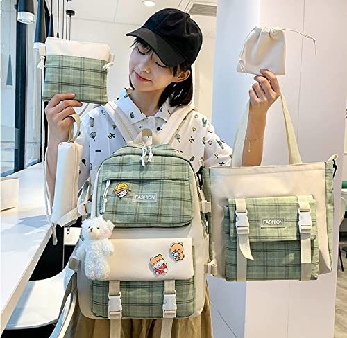 WVHTHVW 5Pcs Backpack School Book Bag Set,Canvas School Backpack Combo Set,Kawaii Bags Kawaii Bookbag Accessories Backpack Cute Aesthetic Backpack for School, Kawaii Girls Schoolbag-Black (Green)