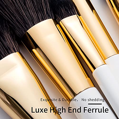 ENZO KEN White and Gold Organic Makeup Brush Set by, 12 Piece Pearls Eyeshadow Brush Sets with Trave Case, Large Thick Face Contour Brushes with Roll up Bag - Professional Basic Sets & Kits