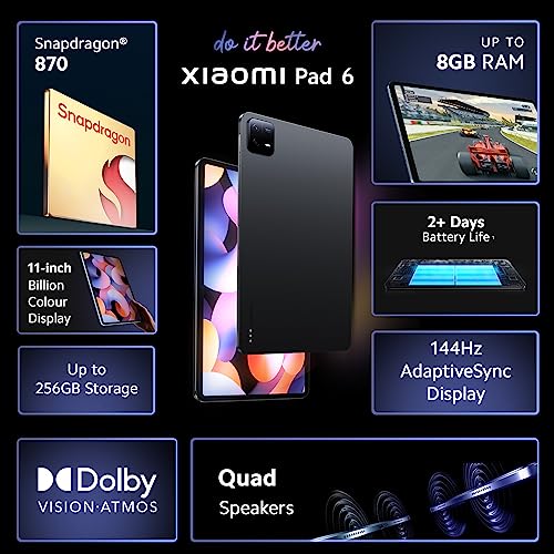 Xiaomi Pad 6| Qualcomm Snapdragon 870|144Hz Refresh Rate|8GB, 256GB|2.8K Display (11-inch/27.81cm)|1 Billion Colours| Dolby Vision Atmos| Quad Speakers| Wi-Fi| Gray (256 GB, 8 GB RAM, Graphite Grey)