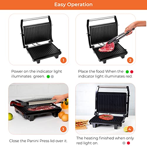 Geepas Stainless Steel Grill Maker, Power and Ready Light, GGM5394 | Non-Stick Cooking Plate | Easy to Clean | Practical Cable Winding | Lid Locking for Space-Saving Vertical Storage | Pilot Light