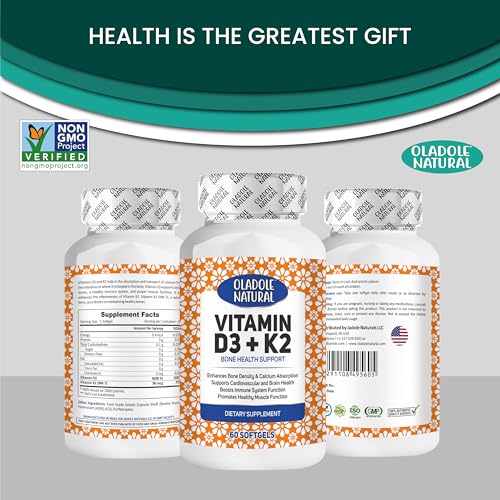 Oladole Natural Vitamin D3 4000 IU + K2 Supplement â€“ 60 Softgels Supports Bone Health, Immunity, Healthy Muscle Function, and Bone Density | Gluten-Free, Non-GMO