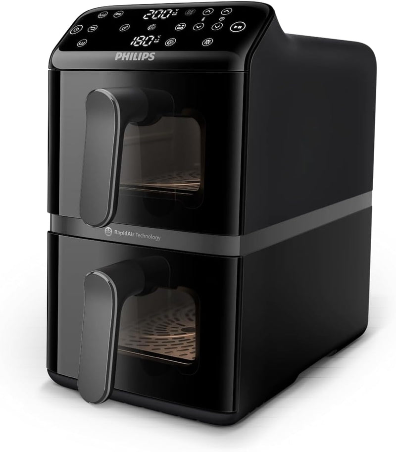 Stacked Dual Basket Airfryer - 5L + 5L, 2 Stacked Basket Drawers, 6 Preset Functions and 13 ways to cook, Touchscreen, Black - NA460/09