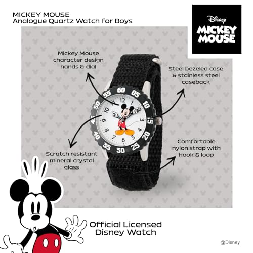 Disney Mickey Mouse Kids' Bezel Stainless Steel Time Teacher Analog Nylon Strap Watch