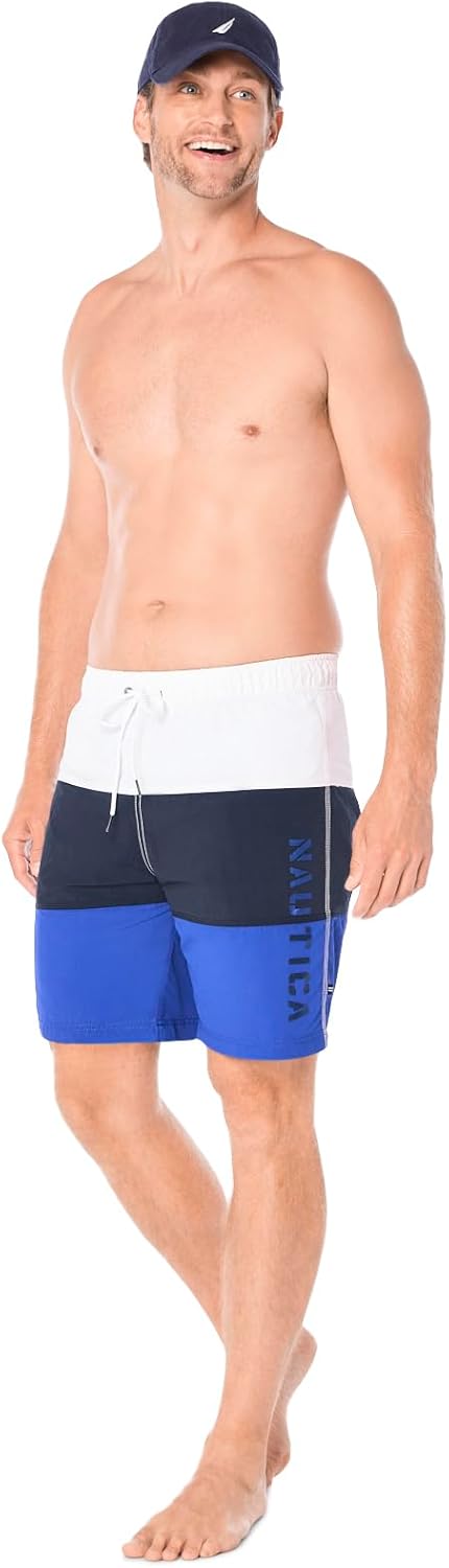 Nautica mens Quick Dry Classic Logo Tri-block Series Swim Trunk Swim Trunks