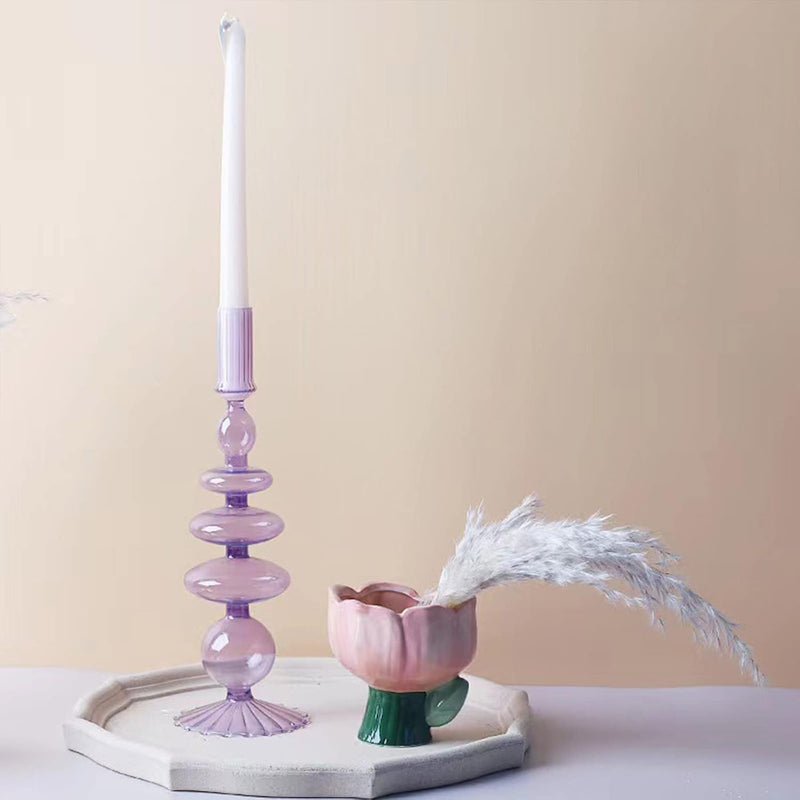 LKPOMI Glass Candlestick Holders - Colorful Glass Taper Candle Stand - Modern Elegant Candle Sticks - Pink