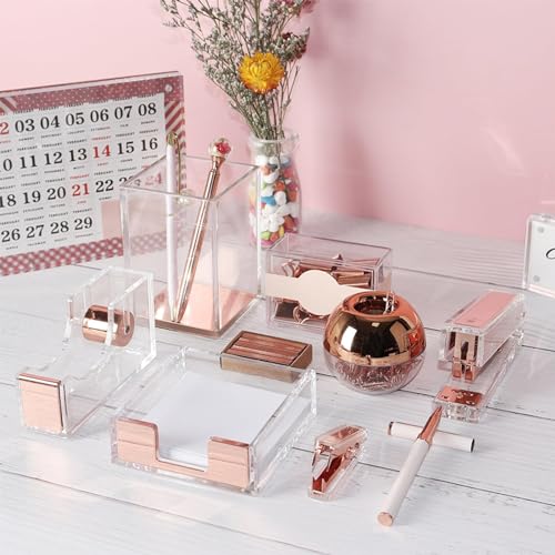 THE WHITE SHOP Acrylic Stapler, Rose Gold Desk Accessories, Office Supplies Set Acrylic Stapler, Set Staple Remover, Tape Holder, Pen Holder