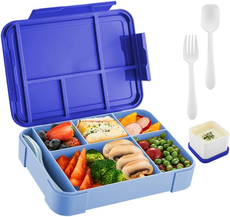 4H Essential Bento Lunch Box 6 Compartments, Leak Proof Food Container, BPA Free Microwave Safe, Meal Prep Box for Adults Kids School Office Travel (Green) - Dark Blue