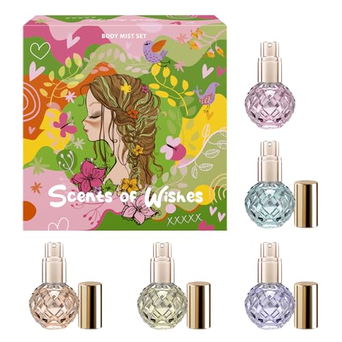 Body Mist Set for Girls Scents of Wishes - 5 Diamond-Shaped Glass Bottles Gold-Toned Finish 5 Exquisite Scents: Berries, Fruits, Citrus, Tropical Vibes,Floral; Fragrance Experience with Premium Design
