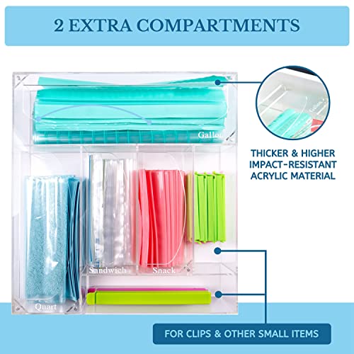 Ziplock Bag Storage Organizer Acrylic Brightroom Drawer Storage Upgraded Design Gallon Quart Sandwich Snack Fit Ziploc & All Food Bags Brands, Clear Plastic Kitchen Baggie Dispenser, 6 Clips Included