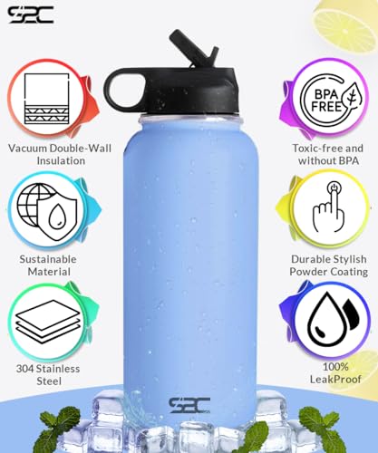 S2C Stainless Steel Water Bottle 1L,32oz Double Wall Vacuum Insulated Water Bottle, BPA Free Water Bottle for Kids School with Straw lid- Thermos Water Flask for Hot Water, Water Bottle (SKY BLUE)