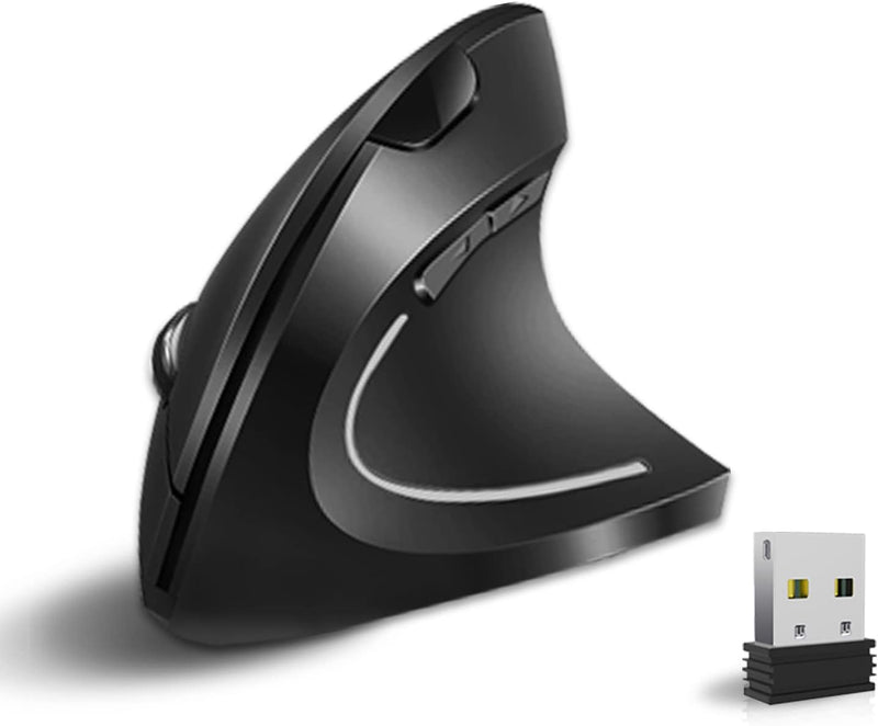 Microware Rechargeable 2.4ghz Wireless Vertical Ergonomic Mouse 800-1600 Dpi Optical Mouse 6 Buttons and Portable Office Gaming Cordless Mice with A USB Receiver for Pc Computer Laptop for Right Hand - Black