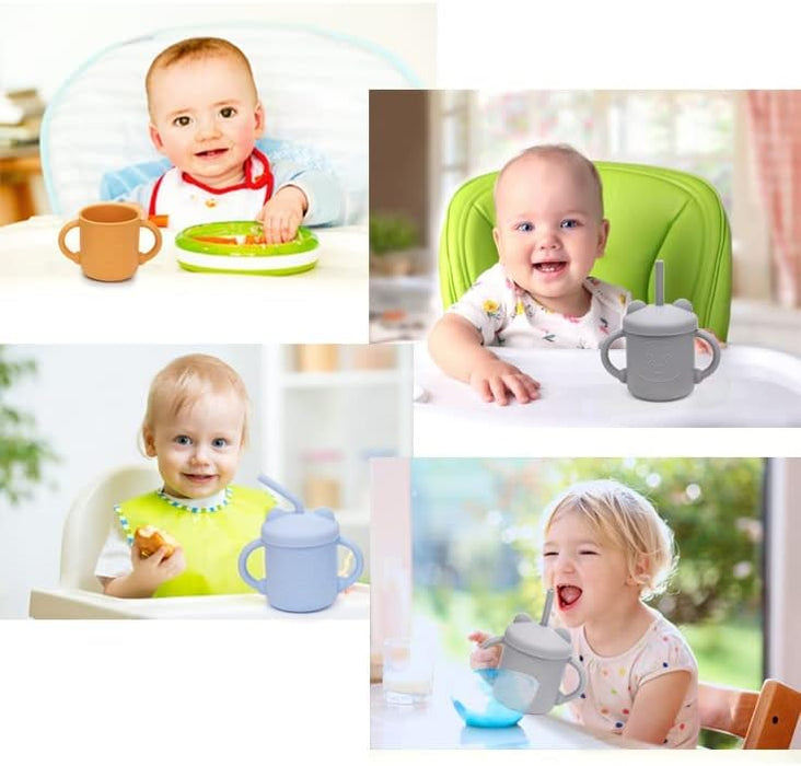 KASTWAVE Silicone Toddler Sippy Cups, Baby Training Cup 7 oz, Drinking Training Cup with Handles and Spout Lid for Baby with 2 Straws, 6 Months+ (Sky Blue)