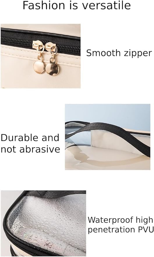 ORiTi Double Layer Makeup Bag Solid Color PU Transparent Wash Bag Portable INS Fashionable waterproof Travel Portable large capacity Storage Bag - Beige