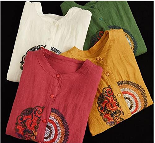 Women's Literary Retro Embroidery Linen Shirt Spring Summer Casual Loose Stand Collar Long Sleeve Shirts