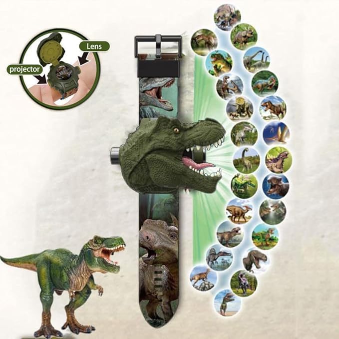 24 Dinosaur Projection Patterns Digital Watch for Kids - Cartoons, Toys for Boys Girls Children With Lid, Adjustable Date & Time Projector