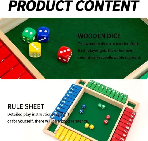 Shut The Box Dice Game,2-4 Player Family Wooden Board Table Math Games for Adults and Kids, 8 Dices Classics Family Game Tabletop Version Games for Classroom,Home,Party or Pub