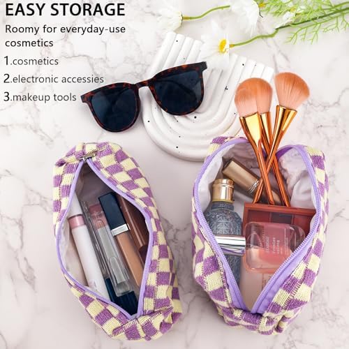ZLFSRQ 3Pcs Checkered Makeup Bag for Women Large Cosmetic Bag Set Travel Toiletry Bag Makeup Pouch Bag for Purse Pink Zipper Storage Bag Organizer Cute Small Aesthetic Girls Car Essentials Bag