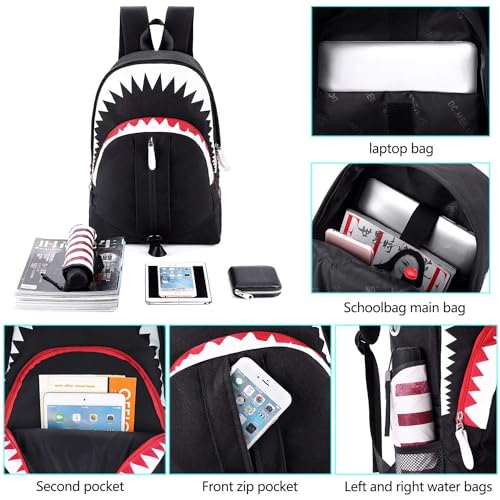 WVHTHVW Shark School Bag for Boys 12-14, Black Laptop Backpack for Boy, Noctilucent Cool Back Bag for Kids Back to School Travel (Black)