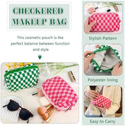 ZLFSRQ 3Pcs Checkered Makeup Bag for Women Large Cosmetic Bag Set Travel Toiletry Bag Makeup Pouch Bag for Purse Pink Zipper Storage Bag Organizer Cute Small Aesthetic Girls Car Essentials Bag