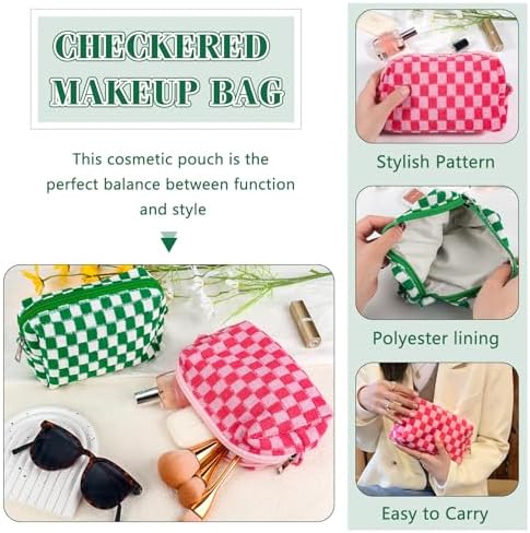 ZLFSRQ 3Pcs Checkered Makeup Bag for Women Large Cosmetic Bag Set Travel Toiletry Bag Makeup Pouch Bag for Purse Pink Zipper Storage Bag Organizer Cute Small Aesthetic Girls Car Essentials Bag