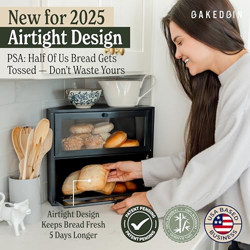 BakedBin Corner Bread Box for Kitchen Countertop - New 2025 Airtight Design - Extra Large Double Layer Bread Boxes, Vintage Bread Storage for Homemade Bread, Under Cabinet Organizer, Black BreadBox