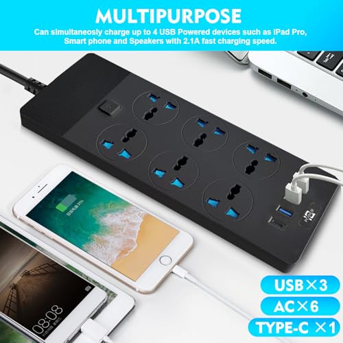 SKY-TOUCH Power Strips Extension Cord 6 Outlets, UK Plug Universal Plug Adapter with 3 USB & 1 Type-C Ports Surge Protector, Charging Socket with 2M Bold Extension Cord (Black)