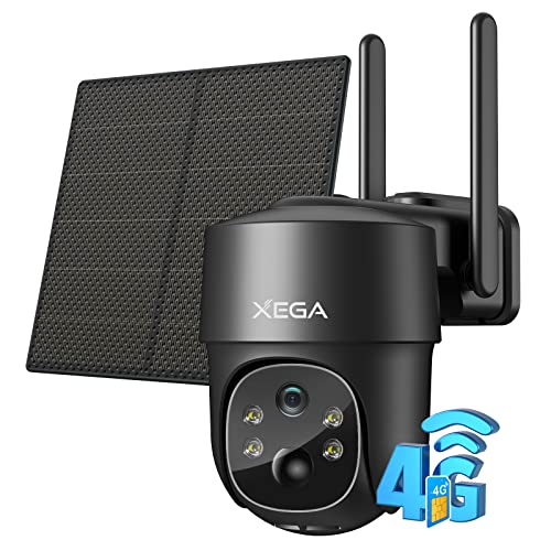 Xega 4G LTE Cellular Security Camera Solar with SIM Card,Wireless Outdoor No WiFi Security Camera,2K HD PTZ Night Vision Motion Detection 2 Way Talk TF&Cloud Storage, Support Etisalat and DU Operator