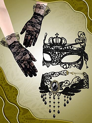 Excefore Masquerade Costume Set - Venetian Mask, Black Choker Lace Necklace, and Pattern Gloves for Women