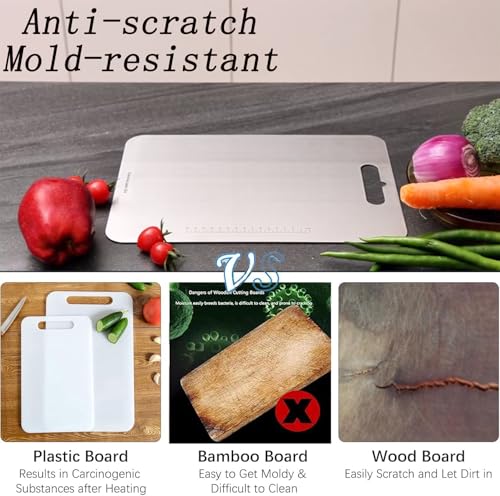 Stainless Steel Cutting Board, Titanium Chopping Boards for Kitchen, SUS 304 Large Chopper for Meat, Dishwasher Safe, with Handle & Scale, Easy Clean, ?????? ???? ?????, Solid Cookware, (36*25*0.2 cm)