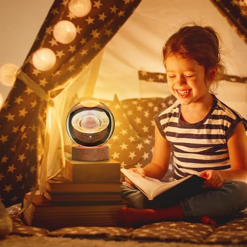 EETU Crystal Glass Ball Night Light,3D Solar System Nightlight Wooden LED Display Base Stand Home Decor Birthday Gifts Decorations Lamp Funny Table Lamp Warm Light for Kids (Saturn (planet))
