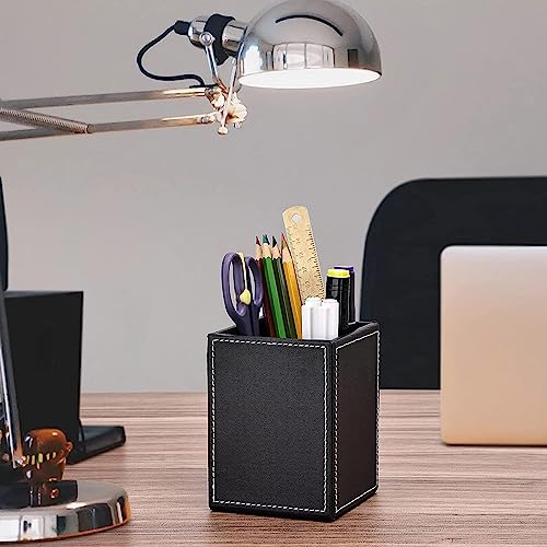 X spring PU Leather Square Pen Holder, Pencil Cups Desk Accessories Organizer, Office Stationery Supplies Organizer, Pens Organizer for Desk, Pencils Holder Cup for Office Supplies Organized (Black)