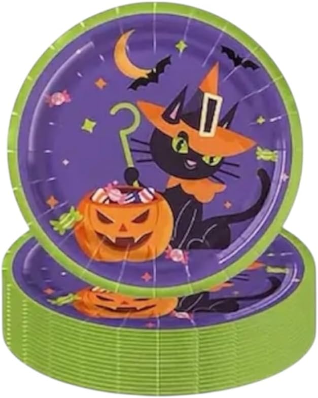 8pcs Cute Halloween Paper Plates, Trick or Treat Disposable Dishes for Food Sweets Table Decoration Party Supplies, Spooky Pumpkin Cat, Tableware, Tablesetting Kids Children Candys (Small Plates) - Small Plates