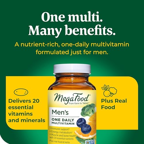 MegaFood Men's One Daily - Multivitamin for Men with Zinc, Selenium, Vitamin B12, Vitamin B6, Vitamin D & Real Food - Immune Support Supplement - Muscle and Bone Health - Vegetarian - 60 Tabs