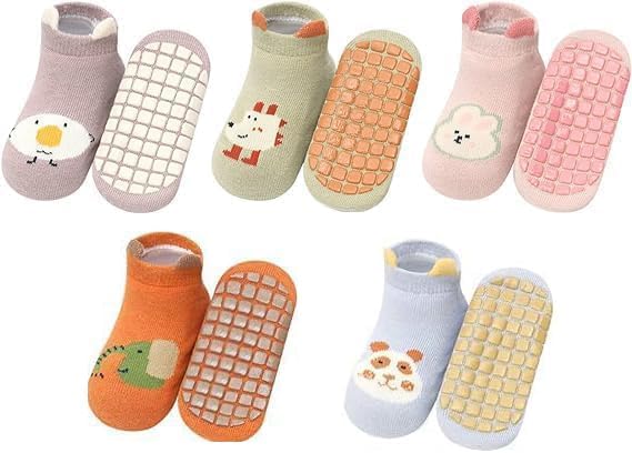 Khazna Baby Non Slip Socks, Toddler Baby Non Slip Socks Infant Newborn Antiskid Socks with Grips Anti-Slip Unisex Ankle Socks for Infant, Baby and Toddler Socks(5 Pairs)