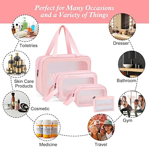 YuanCheng Upgrade Travel Toiletry Bags for Women, Pack-4 Different Size Make Up Bags with Handle, Large Capacity Translucent Waterproof Travel Cosmetic Bags (Comestic Bag-Pink)
