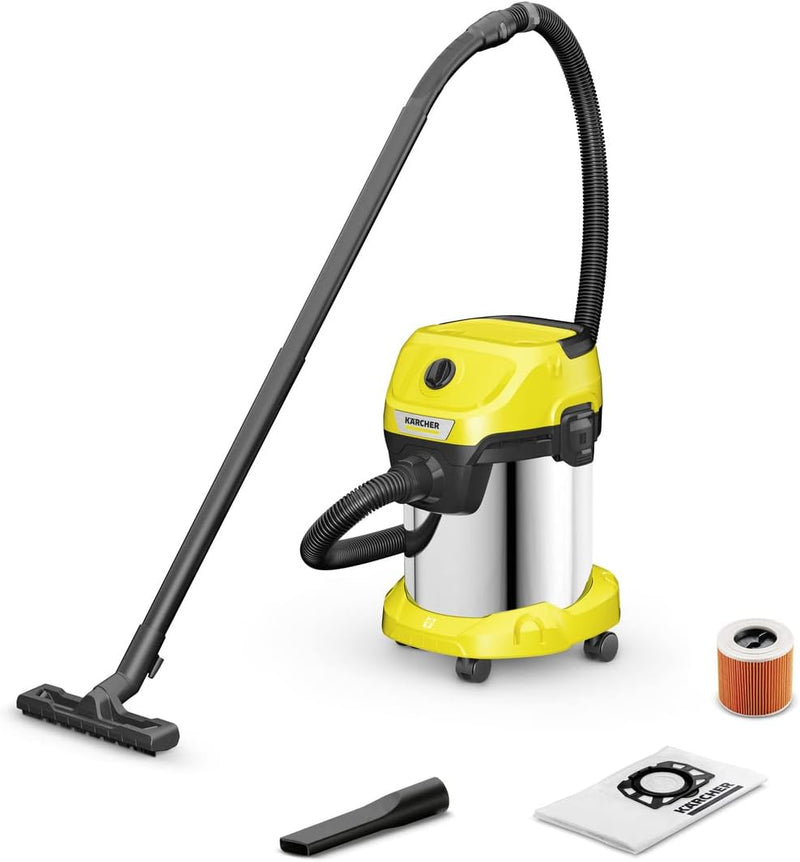 Karcher WD 3 Multi-Purpose Wet and Dry Vacuum Cleaner Powerful 1000W Suction with 17L Container for Home, Garage and Workshop - Stainless Steel