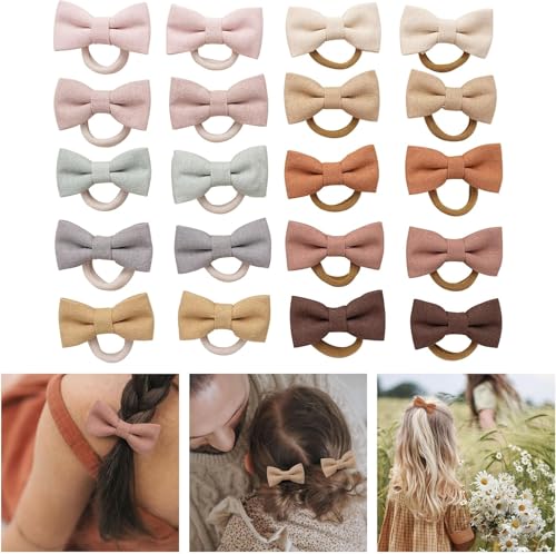 Lonimia Baby Toddler Girls Hair Ties with Linen Bows,No Damage Elastic Nylon Hair Bands Ponytail Holders,Small Hair Accessories Gifts for Girls Kids Children Thick Thin Hair-20 pcs