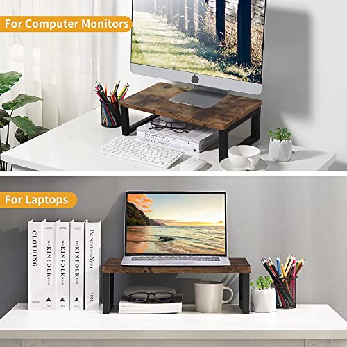 Angju Wood Vintage Monitor Stand Holder, PC Laptop Computer Screen Riser, Desktop Storage Organiser Shelf for Home or Office, 40 x 23 x 14cm, Dark Brown