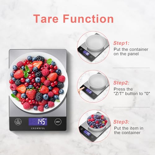 CROWNFUL 15Kg Food Scale, Rechargeable 304 Stainless Steel Digital Kitchen Scale Grams and Ounces with LCD Display and Type-C Charging for Baking and Cooking