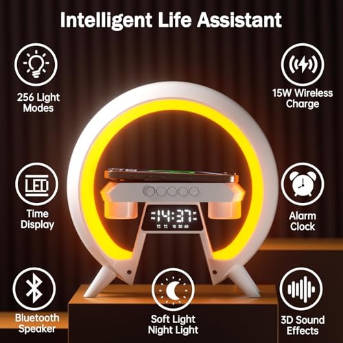 KASTWAVE Atmosphere Lamp, with 15W Wireless Charger LED Alarm Clock Smart Table Lamp, with Bluetooth Speaker & Iridescent Running Lights, Atmosphere Light for Adults Kids Office Bedroom Gift