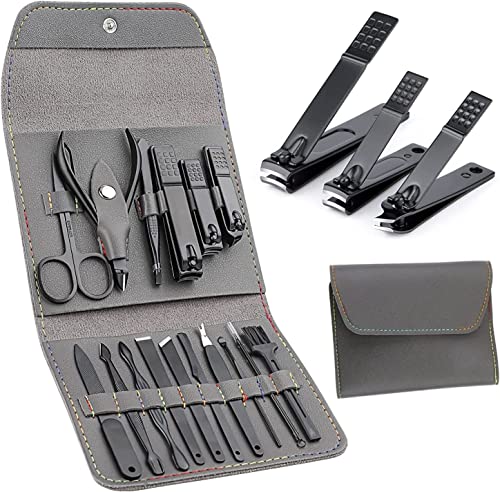 ORiTi Manicure Set with PU Leather Case, Pedicure Kit, Nail Clippers Scissors, Personal Care Tool 16 in 1 Grooming Kit Gifts for Men Women (Grey/Black)
