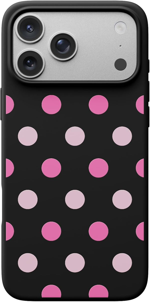 ORNARTO Compatible with iPhone 17 Pro Max Case 6.9", Slim Liquid Silicone 3 Layers Soft Gel Rubber Shockproof Protective Cover with Anti-Scratch Microfiber Lining-Chalk Pink - Black and Pink Polka Dot