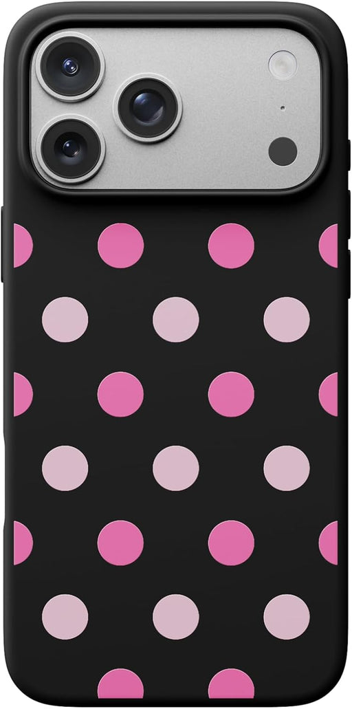ORNARTO Compatible with iPhone 17 Pro Max Case 6.9", Slim Liquid Silicone 3 Layers Soft Gel Rubber Shockproof Protective Cover with Anti-Scratch Microfiber Lining-Chalk Pink - Black and Pink Polka Dot