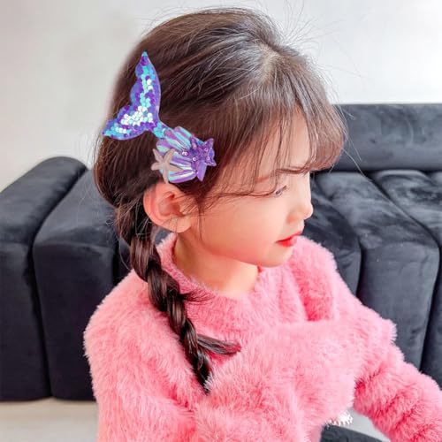 LAROKO Hair Clips for Girls, Aurora Sequins Mermaid Fish Tail Hairpin Starfish Sequin Hair Accessories, Multicolor Sparkling Hair Barrettes for Little Girls Toddlers Kids and Teens 6 Pcs